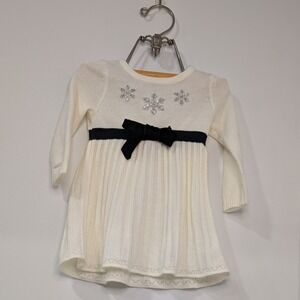Sophie Rose Baby Girls White Snowflake Sweater‎ Dress Black Bow Pleated 6-9MO